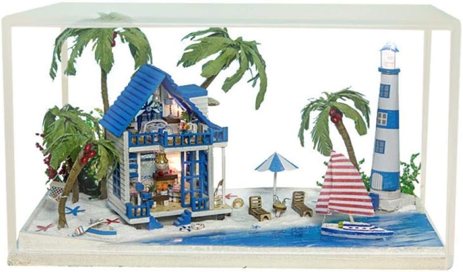 SENCILLON 7.8 * 3.71 * 4.68 Inch DIY Wooden Dolls House Handcraft Miniature Kit- Blue House Model and Furniture