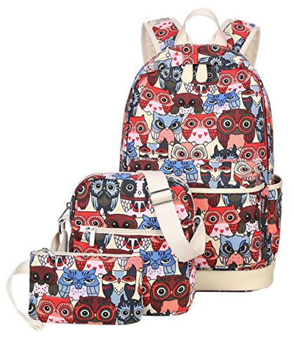 Canvas Laptop Bag Shoulder Bag Pen Bag 14L School Backpack 3 Sets(StyleARed Owl,14L)
