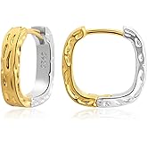 Watforsh 14K Gold Plated and Silver Plated Hammered Two Tone Mix Color Huggie Hoop Hypoallergenic Square Earrings