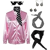 Lixinya Women's 50s Ladys Pink Satin Jacket Jacket with Neck Scarfs Halloween Cosplay Costume