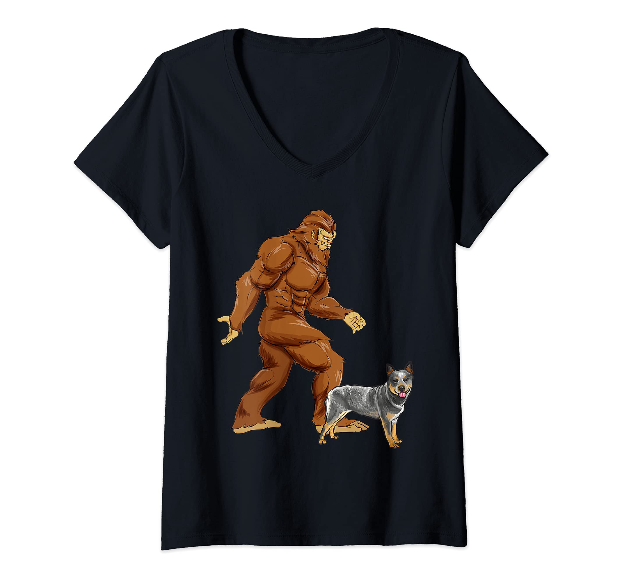 Womens Funny Bigfoot Walking Australian Cattle Dog Sasquatch Dog V-Neck T-Shirt