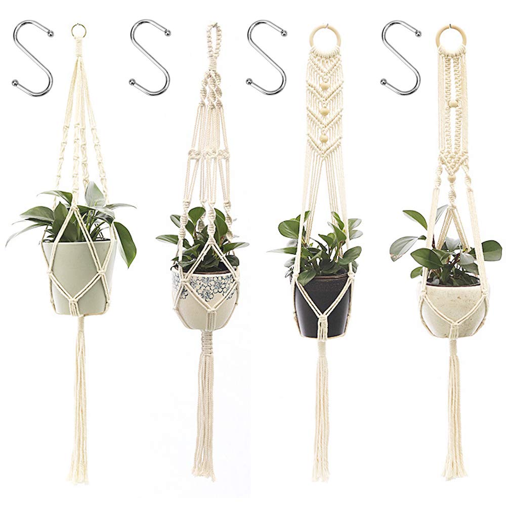 Kaxich 4 Pack Macrame Plant Hangers Indoor Outdoor Hanging Planter Basket Handmade Flower Pot Plant Holder with 4 Hooks for Home, Patio, Garden