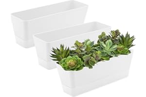Lainrrew 3 Pack Window Box Planters, 12 Inches Rectangular Planter Plastic Flower Box Plant Pots Plant Containers with Tray for Balcony, Windowsill, Garden, Home Office Outdoor Decoration, White