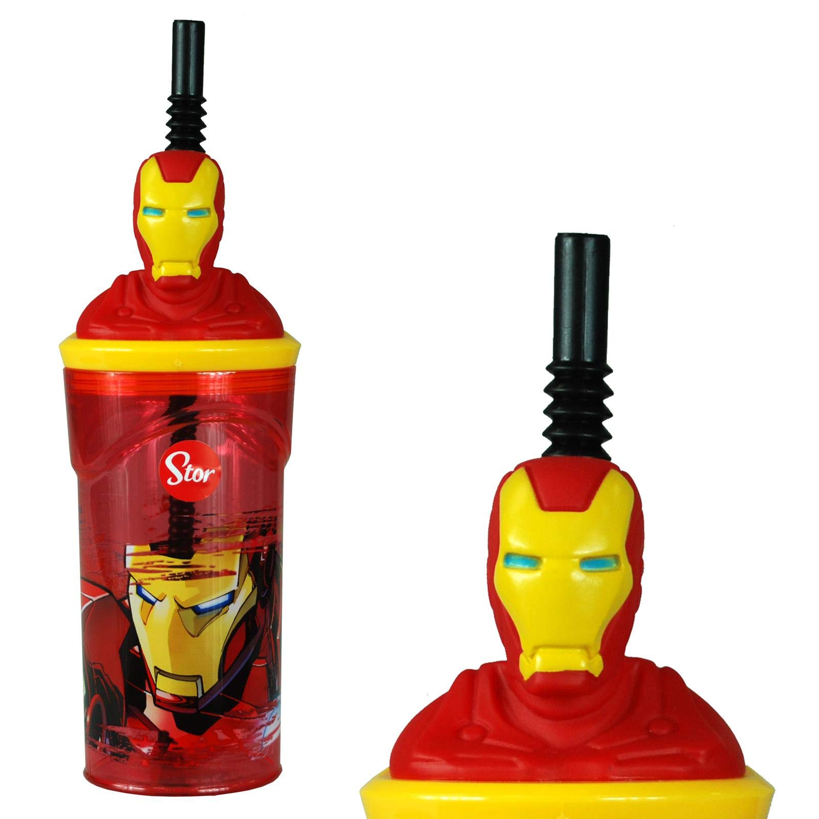 Iron Man 3D Figurine Plastic Tumbler Beaker with Flexi Straw - 360ml - 7cm Diameter x 14cm Height - Sturdy Novelty Enclosed Drinking Cup.