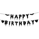 Happy Birthday Halloween Banner NO DIY Glitter Halloween Birthday Party Decorations for Home Office Wall Mantle Scary Party Decorations (Black)