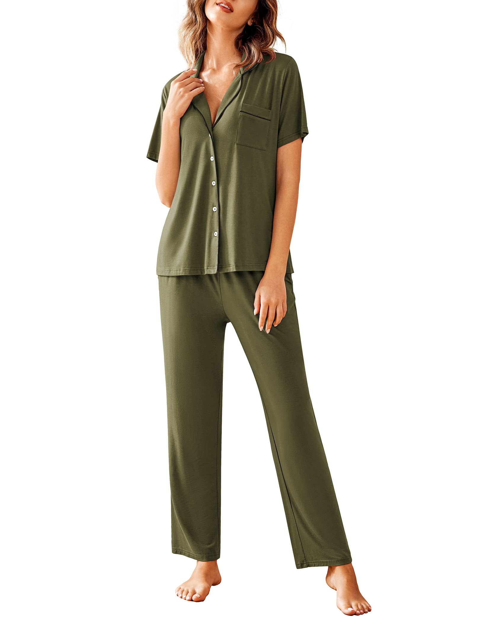 Avidlove Women Pajamas Set Notch Collar Soft Sleepwear Pjs Short Sleeve Button Down Nightwear with Long Pants Image Avidlove Women Pajamas Set Notch Collar Soft Sleepwear Pjs Short Sleeve Button Down Nightwear with Long Pants Image