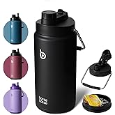 BOTTLE BOTTLE Insulated Water Bottle 64 oz with Straw and Dual-use Lid Half Gallon Water Jug Vacuum Stainless Steel for Workout and Sports Insulated Beer Growler with Handle Dark black
