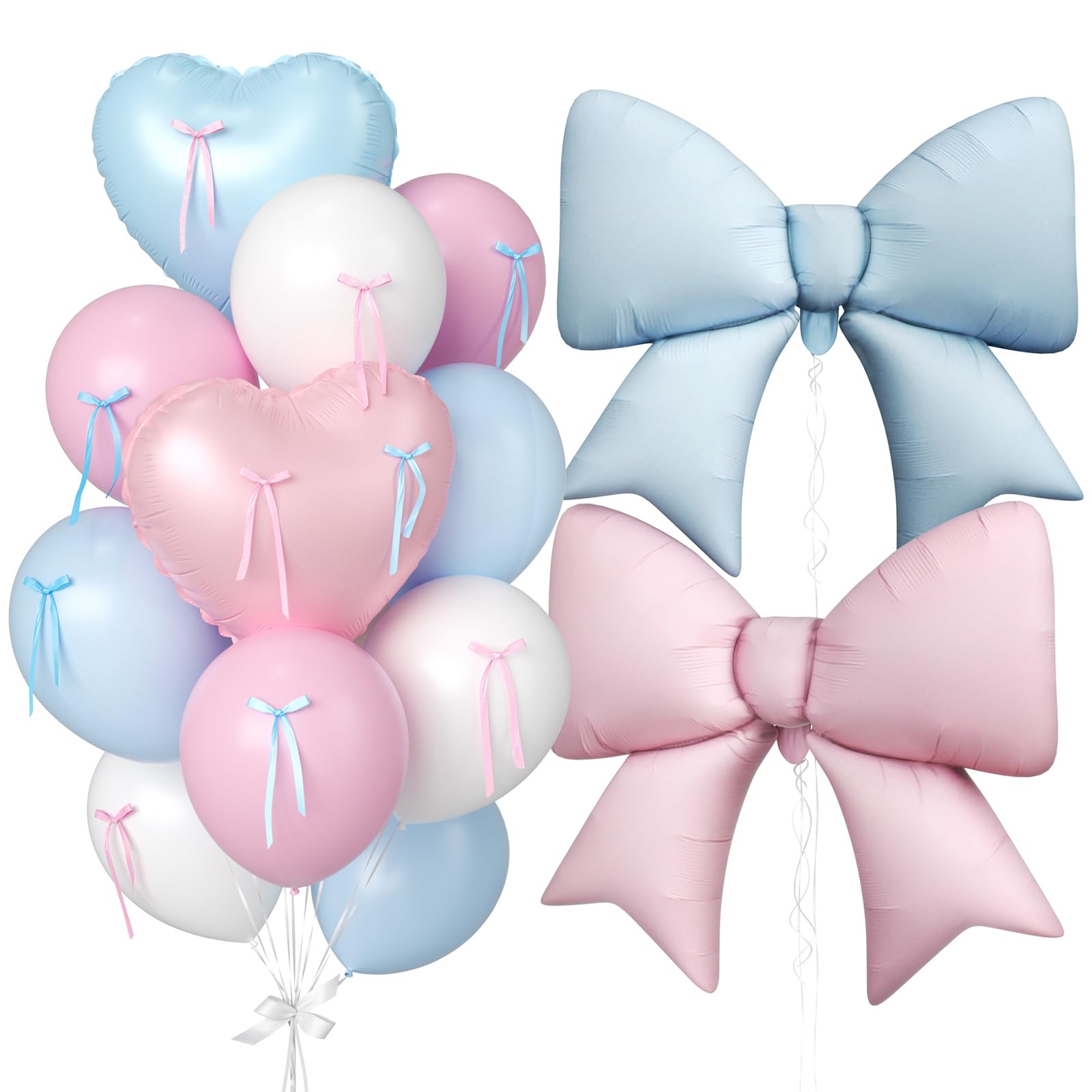 Gender Reveal Balloons, Pink and Blue Heart Balloons 38 Inch Bow Balloon, Baby Blue Light Pink White Balloon for Boys Girls Birthday Wedding Bridal Baby Shower Valentine Gender Reveal Decorations