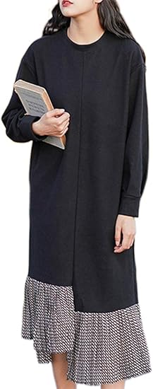 Amazon ワンピース レディース 裏起毛 アシンメトリー ロングワンピース ドッキングワンピース フリル 秋冬 長袖 大人 可愛い 大人かわいい グリーン ブラック アシンメトリーワンピース 体型カバー 韓国ファッション シンプル インスタ映え ブラック ワンピース