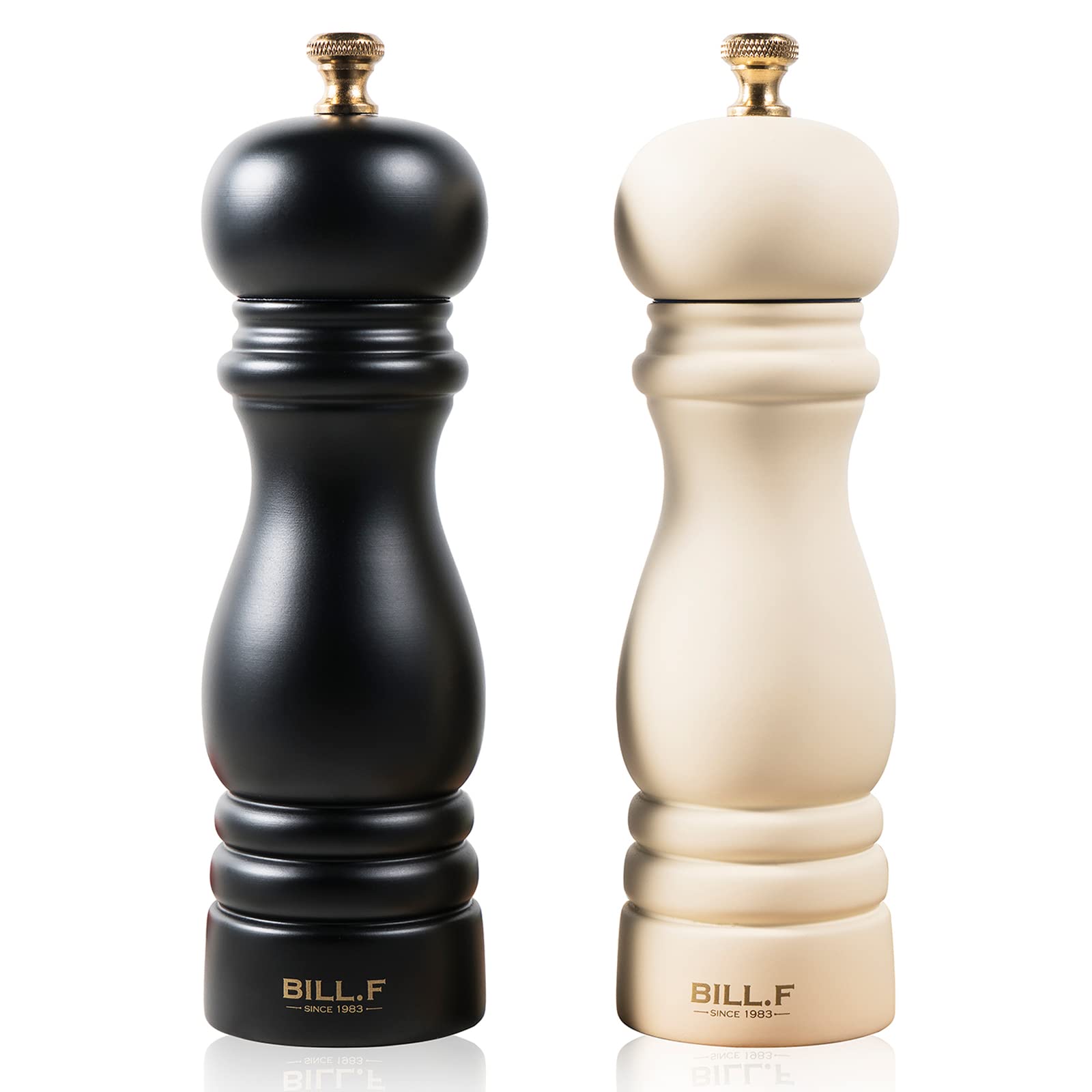 Bill.F Salt and Pepper Grinder Set, Wood Pepper Mill Set of 2 Manual Salt Pepper Shakers Grinder Refillable 7 Inch with Adjustable Ceramic Grinding Rotor（Black and Beige）