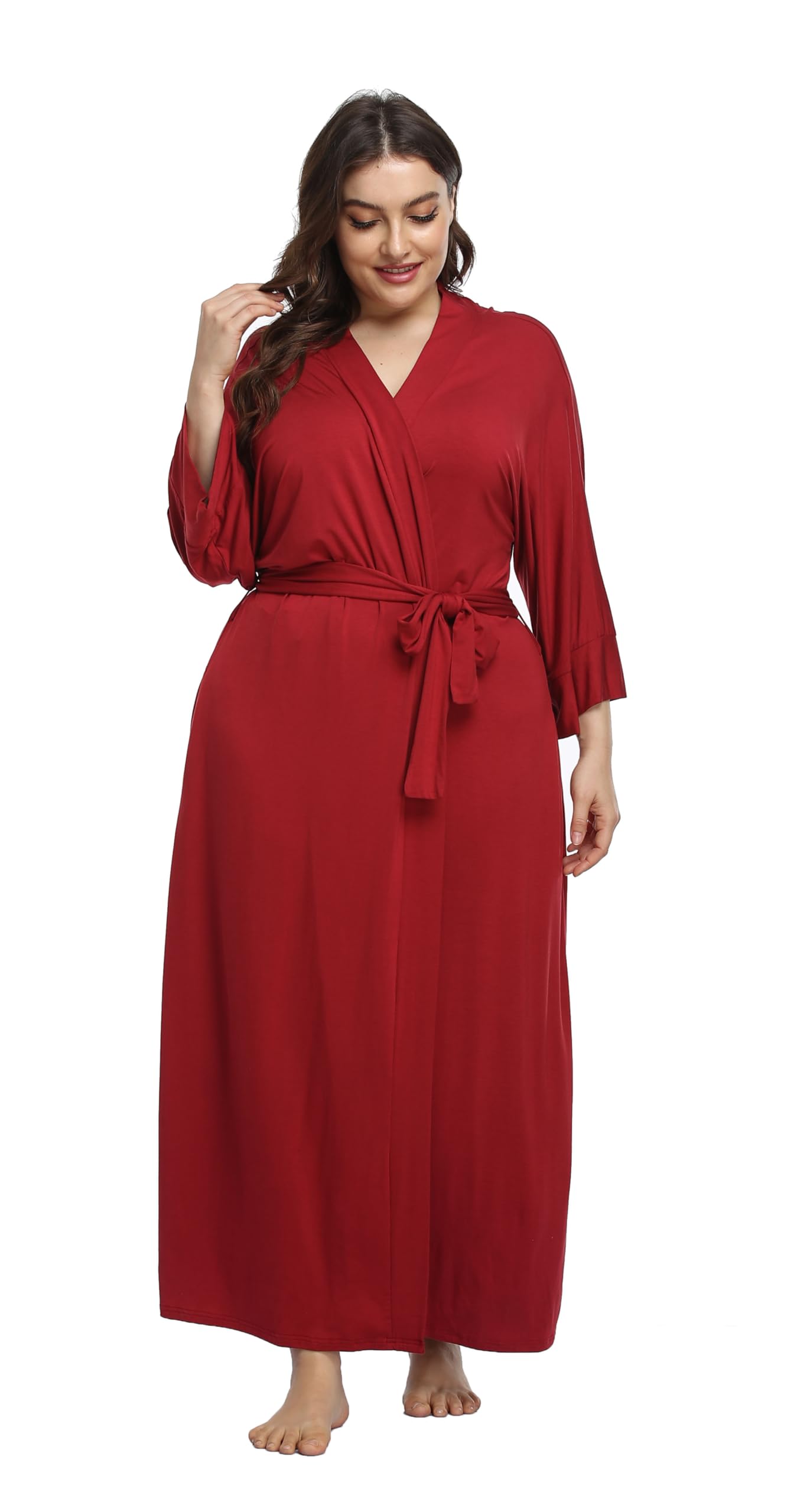 Photo 1 of 4x.  Womens Plus Size Long Robes Cotton Lightweight Kimonos Full Length Bathrobe Soft Maternity Sleepwear Wine
