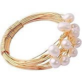 18K Gold Pearl Rings for Women Dainty Natural Freshwater Pearl Ring Gold Statement Rings Minimalist Vintage Adjustable Rings Golden Peal Engagement Ring Party Ring Pearl Jewelry for Mom Wife Lovers