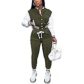 Fooullaide Women's Varsity Jacket Sweatsuit 2 Piece Tracksuit Crop Top Button Down Letterman Jackets Pants Sets