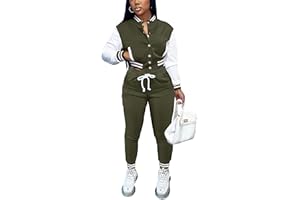 Fooullaide Women's Varsity Jacket Sweatsuit 2 Piece Tracksuit Crop Top Button Down Letterman Jackets Pants Sets