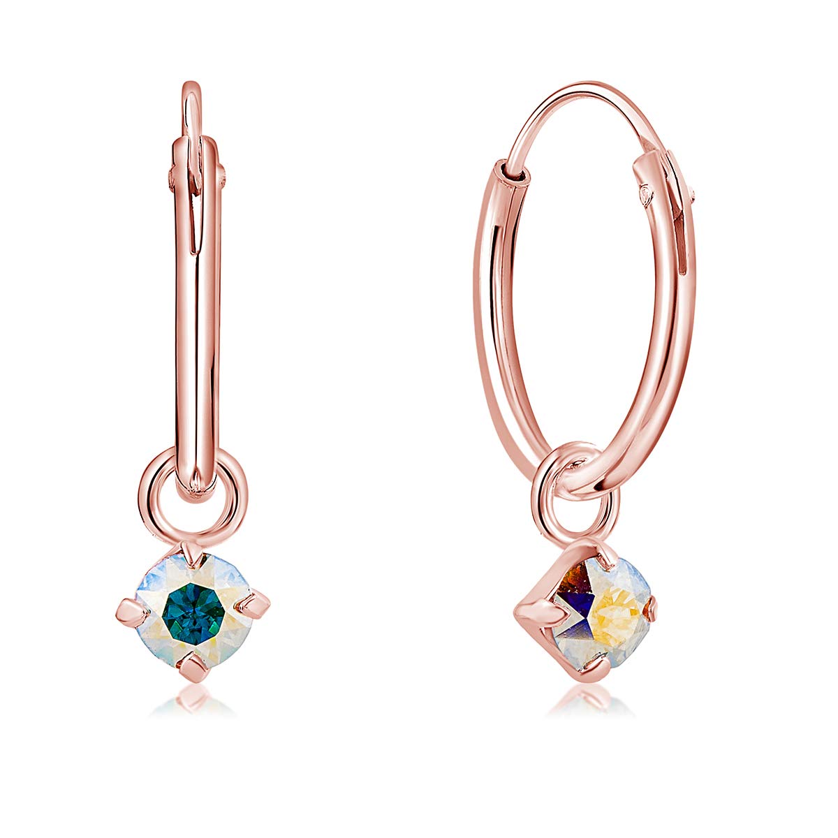 DTPsilver® 925 Sterling Silver Rose Gold Plated SMALL Hoops Earrings & Round Dangling 3 mm Crystals from Swarovski® Elements - Thickness 1.2 mm - Diameter: 12 mm - Colour : Aurora Borealis