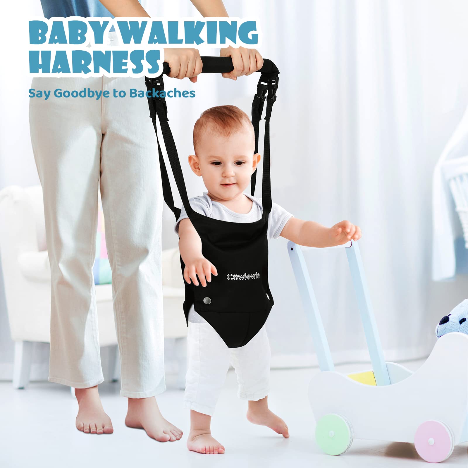 Baby Jumper with Stand, w/Walking Harness Function, for Infant 6-12 Months, Strong Support Stand for Small Spaces, White+Black