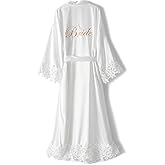 VOGUEMAX Womens Long Bride Bridesmaid Robe Lace Trim Sleepwear Getting Ready of Wedding Silky Kimono Robe