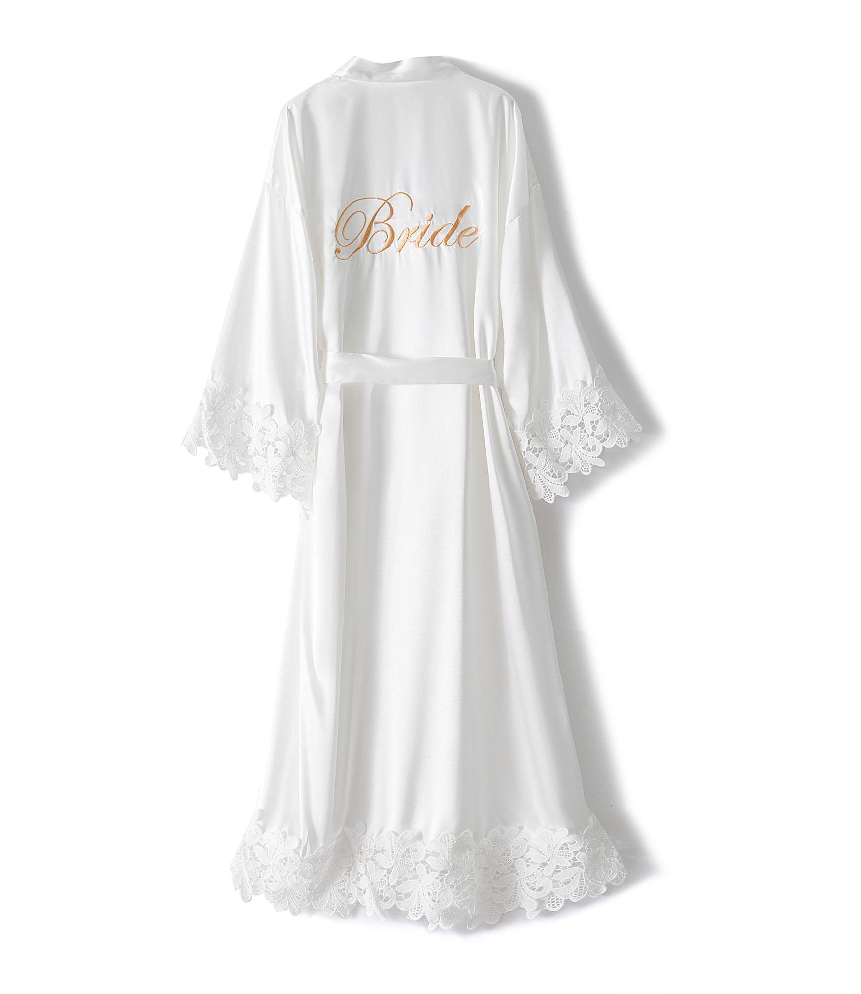 Photo 1 of VOGUEMAX Womens Long Bride Bridesmaid Robe Lace Trim Sleepwear Getting Ready of Wedding Silky Kimono Robe, Bride, White