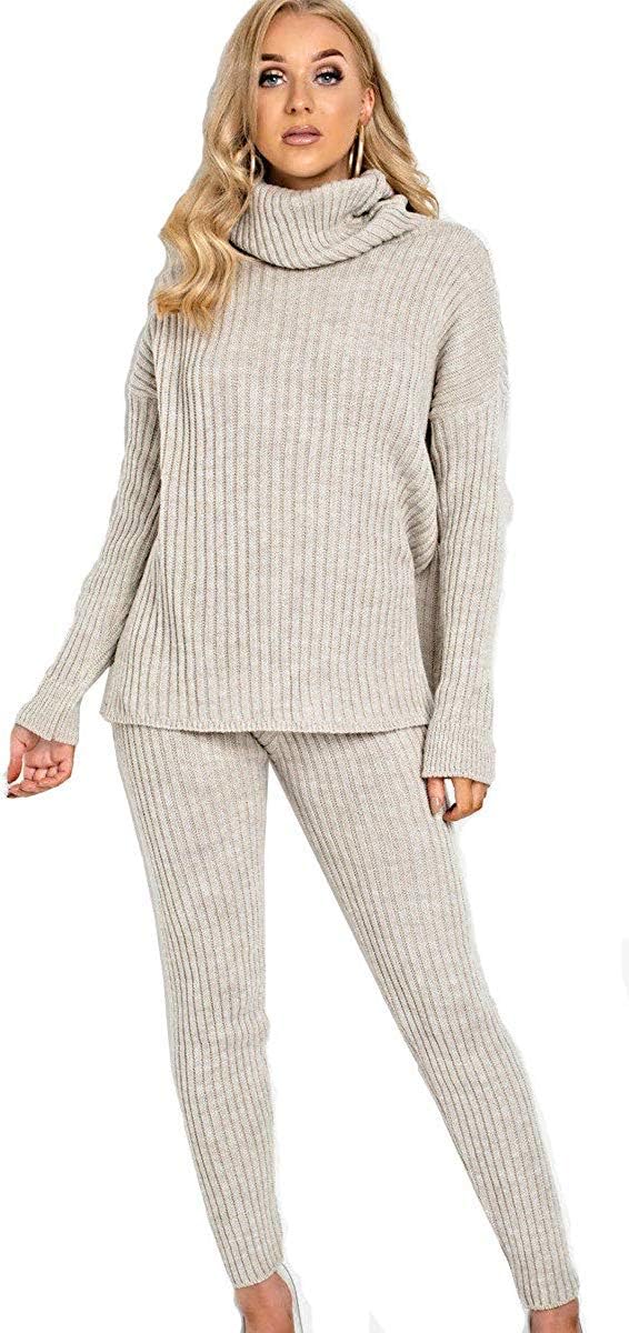 @ Ladies Chunky Knitted High Roll Neck Top Bottom Loungewear 2 Piece Set Tracksuit