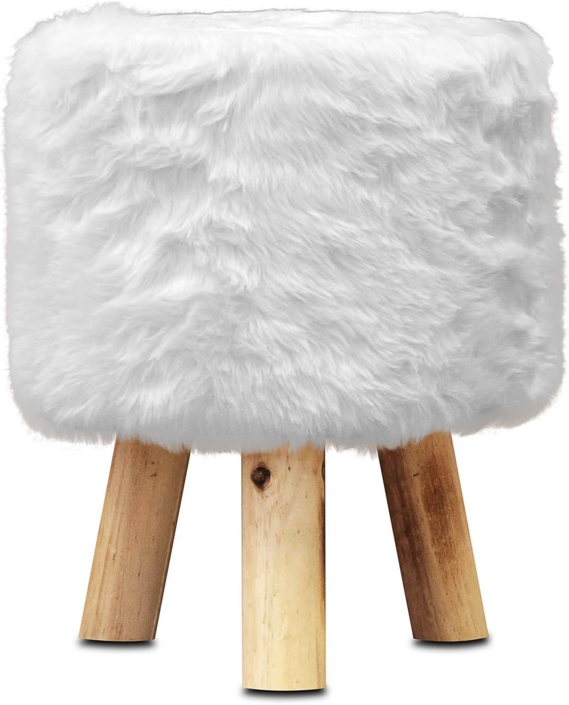 ToCi Haushalt Pouffe with Fur Cover and Wooden Legs, White, Diameter 31 x H39 cm, Stool, Padded Pouffe with Fur Pattern