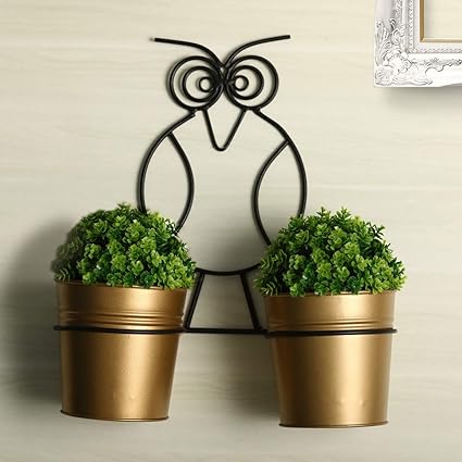 Truphe The Owl Buckets Metal Wall Planters Pot for Indoor Plants with Holder (Set of 2, Galvanized Iron) - Wall Mounted Planters with Stand Plant Containers, Balcony Decoration - Golden