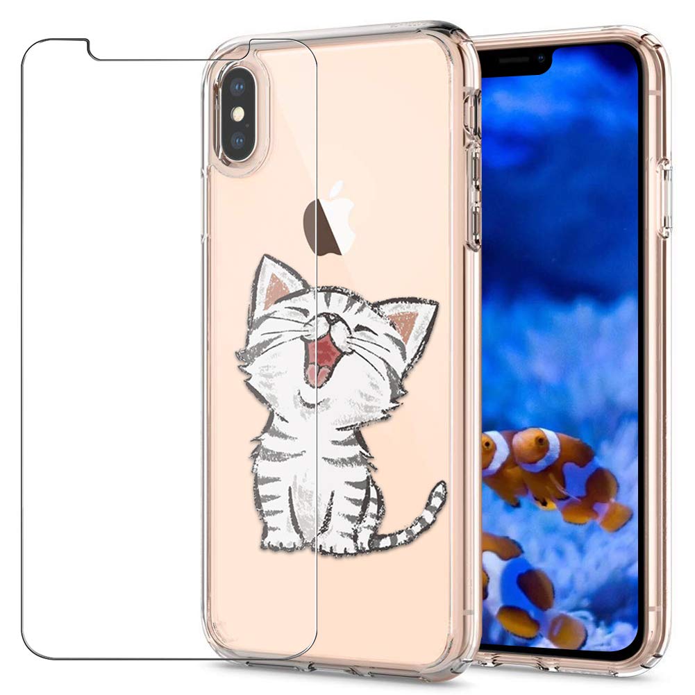 MadBee For iPhone XS Max Case + Screen Protector, Colorful Pattern Printed Design Clear Soft Flexible TPU Protective Cover Case for iPhone XS Max 6.5" (Cat 1)
