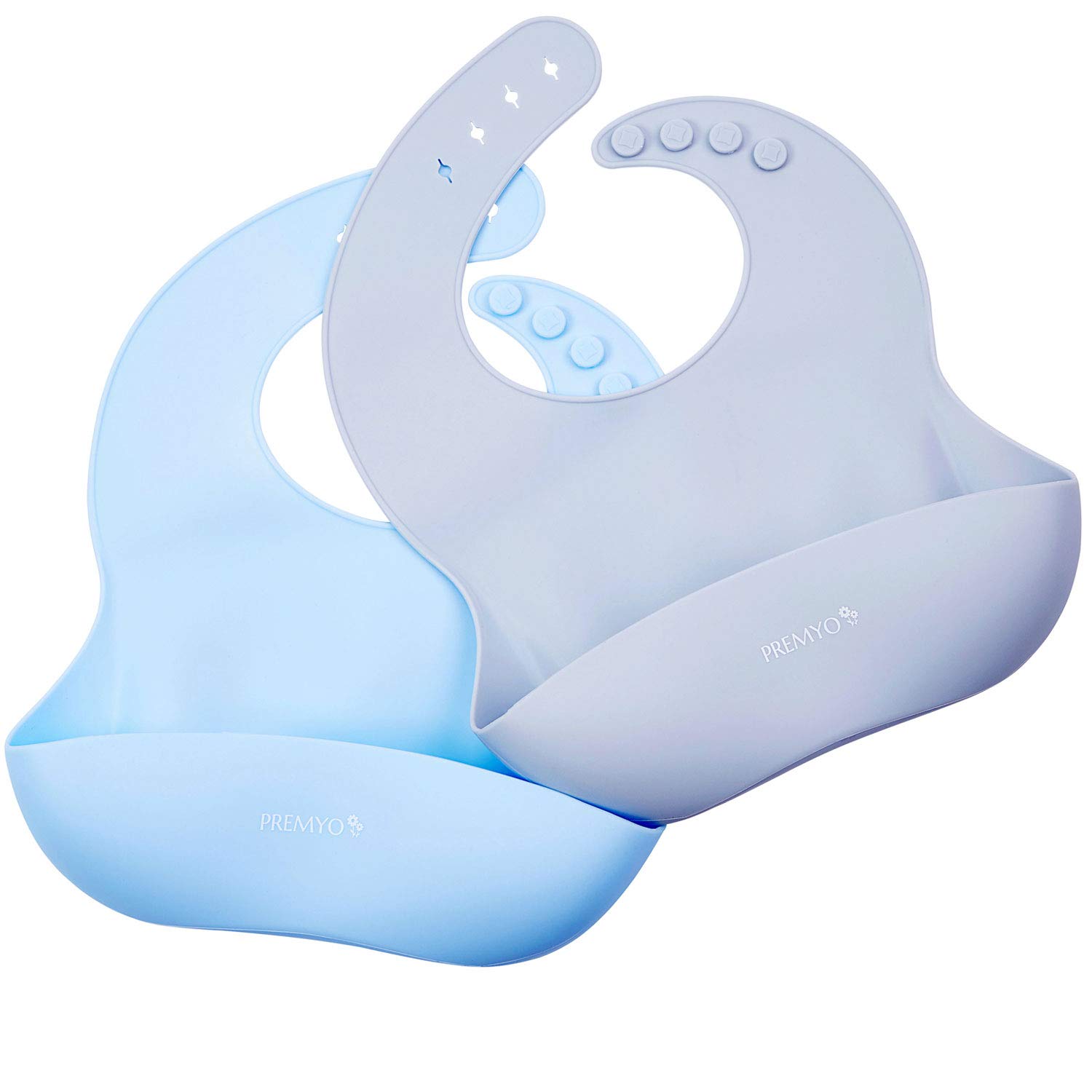 PREMYO Set of 2 Waterproof Silicone Baby Bib Boy Food Catcher Pocket Comfortable Soft Roll Up Easy to Clean BPA Free Ergonomic Adjustable Blue Grey