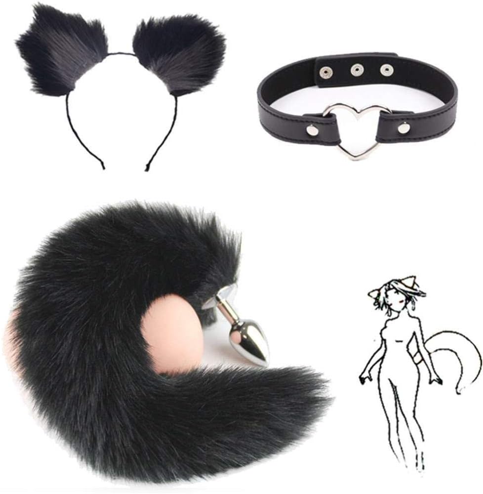 Cos- Ring Collar, Grey Fluffy B-ütt P-l-ǔ-g Fox Tail Plush and Multicolor Cat Ears Anime Set For Women Glamour Female Masquerade Props 3pcs Set Cosplay Costume Props ( Color : Black+Grey , Size : S )