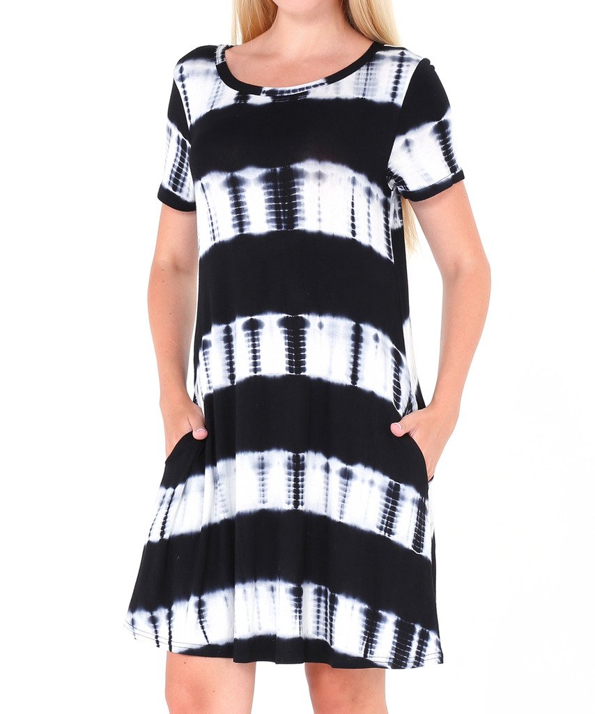 Women\'s Ombre Swing Dress Short Sleeve Tie Dye Dress with Pockets Black M