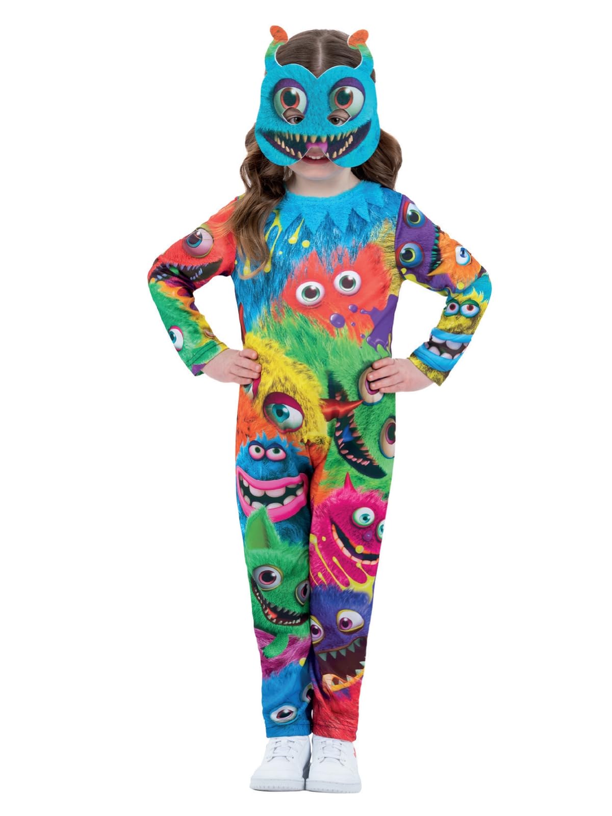 Smiffys Kids Monster Party Costume, Colourful All-Over Print Jumpsuit with Matching Monster Mask, Children’s Fancy Dress Outfit for Halloween, Birthdays and Parties, age 4-6