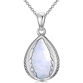 MILKYX Genuine Moonstone Feather Pendant Necklace 925 Sterling Silver vintage Natural Gemstone June Birthstone Religious Teardrop Jewelry for Women Feather Lover