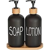 Black Soap Dispenser Bathroom Set, Set with Glass Dispenser, Bamboo Pumps & Tray. Hand and Lotion Suitable for Farmhouse Decor