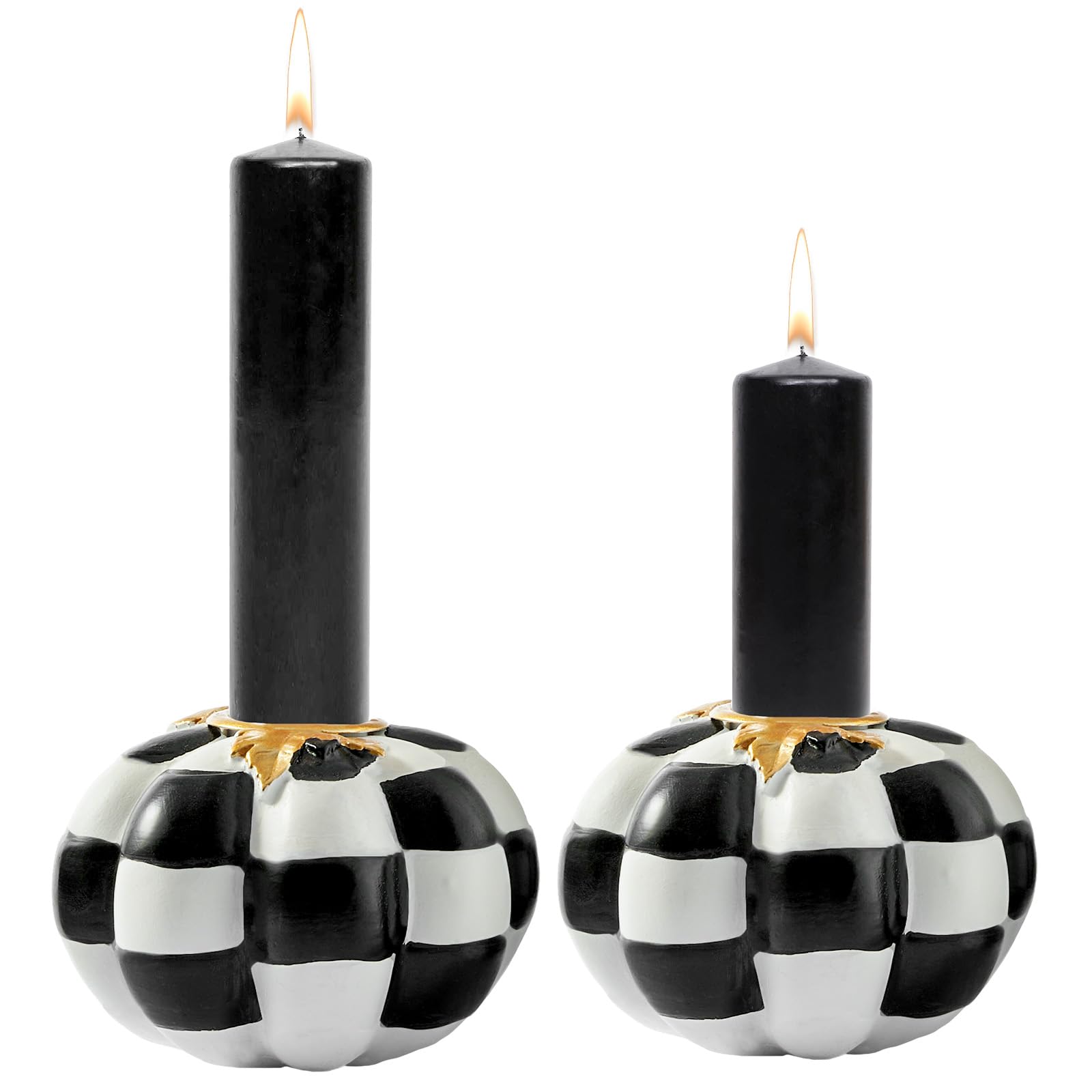 Photo 1 of ***CANDLES NOT INCLUDED***WDS WONDROUS Pumpkin Candle Holders Set of 2 Black & White, Fall & Halloween Thanksgiving Decor, Pumpkins Candlestick Holders for Centerpiece, Checkered Pumpkin Decor, Taper Candle Holders for Table***CANDLES NOT INCLUDED***