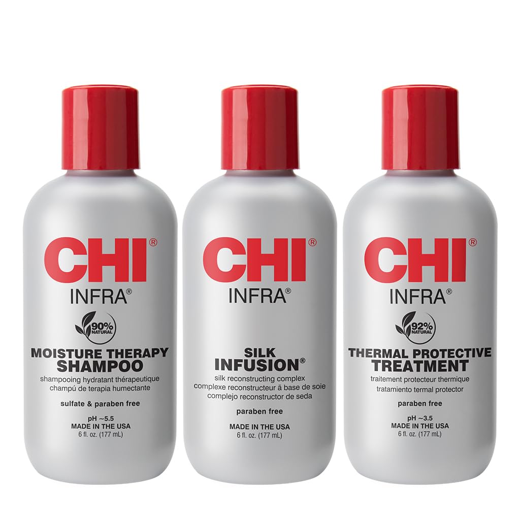 CHI Hair Care Set: 3 Piece Gift Set with Infra Shampoo, Infrared Treatment and Silk Infusion, 6 oz each, for all hair types, chemical free, fresh fragrance, 531 ml total weight