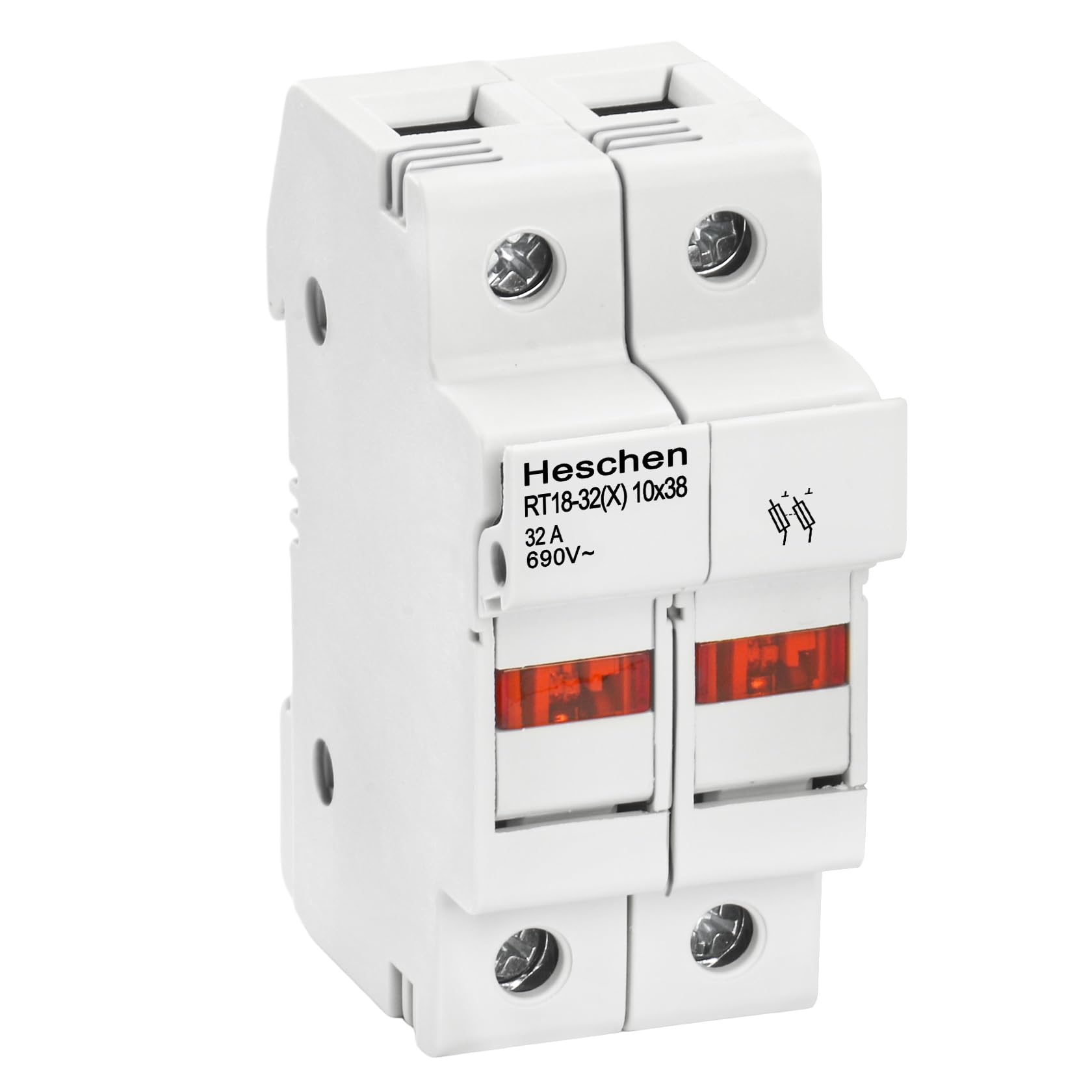 Heschen Cylindrical Fuse Holder Base, RT18-32(X) 32A AC690V, 2P, DIN Rail Mounting for RT18 RO15 10 x 38mm Fuse CE Listed