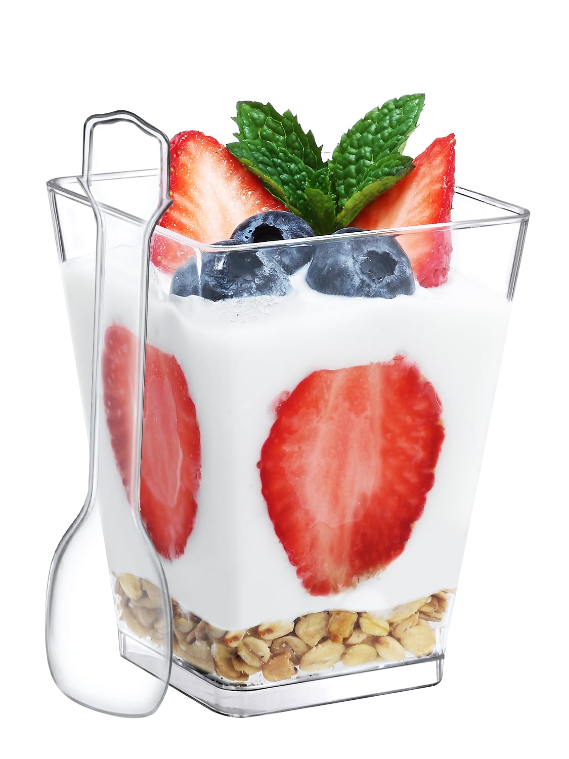 Photo 1 of SHOPDAY 5 Oz-Plastic-Dessert-Cups: 30 Pack Square-Clear-Cup-with-Spoons, Small Parfait-Cup Mini Plastic Appetizer Shooter Cups for Party Yogurt Mousse