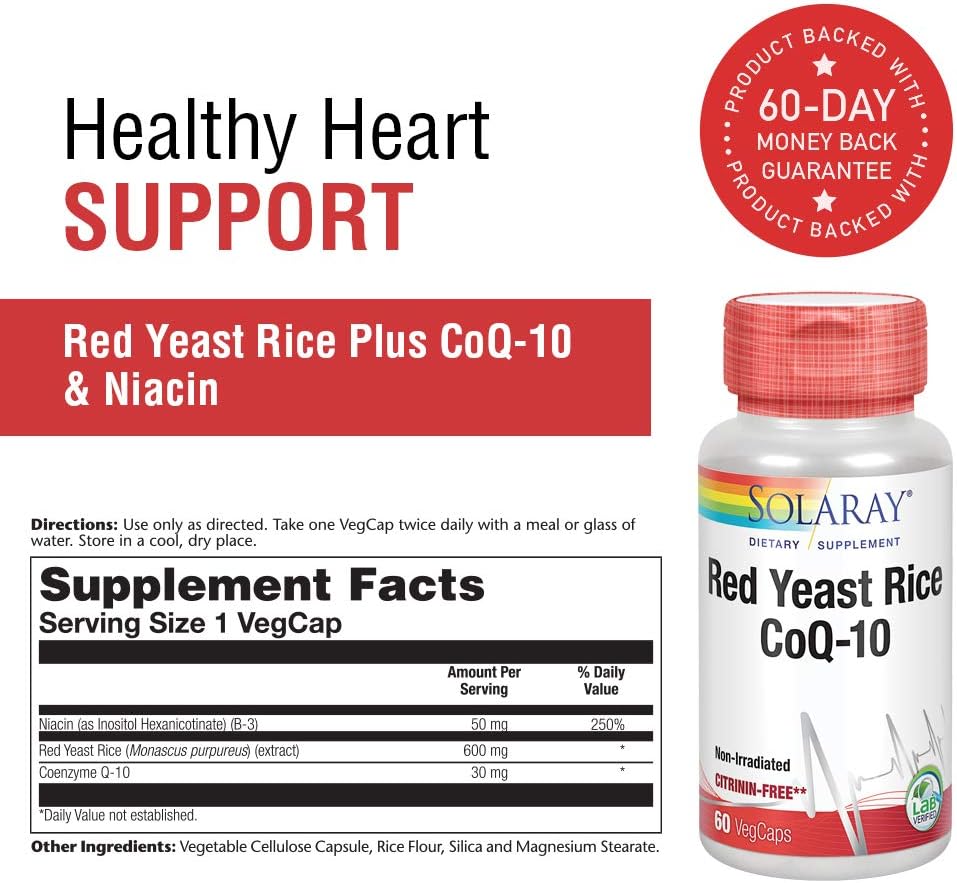 Solaray Red Yeast Rice Plus CoQ-10 | with Niacin for Added Cardiovascular Health Support | Non-Irradiated & No Citrinin | 90 Vegetarian Capsules: Health & Personal Care