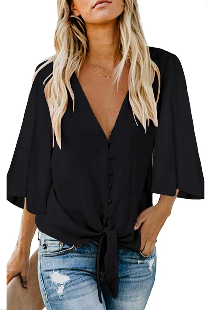 Women's Casual 3/4 Sleeve V-Neck T-Shirt Hem with Bandwidth Tops Blouses Single-Breasted Tops 