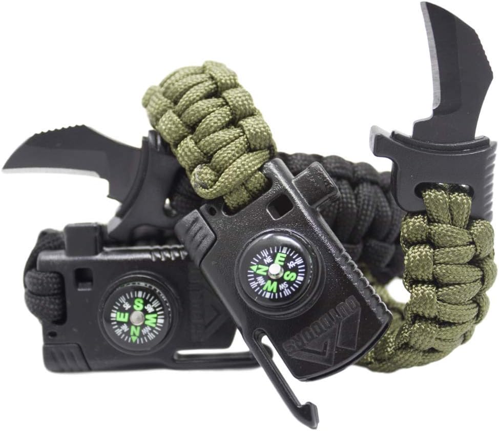 2 Pack- Paracord Survival Bracelets with Knife by Outdoors7, 5-in-1 Bracelet with 550 LB Cord, para-Claw, Fire Starter, Compass, Whistle- Tactical Multi-Tool for Hiking, Camping, or Emergency