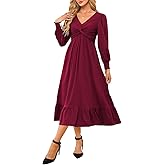 Dokotoo Womens 2026 Wrap V-Neck Twist Knot Long Sleeve Empire Waist Midi Maxi Dress A-Line Ruched Flowy Dress with Pockets