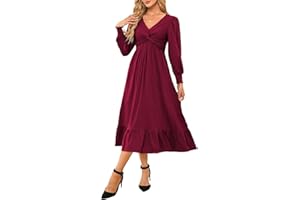 Dokotoo Womens 2024 Wrap V-Neck Twist Knot Long Sleeve Empire Waist Midi Maxi Dress A-Line Ruched Flowy Dress with Pockets