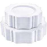 COLOSUS 100 pcs White Plastic Plates Set,Fancy Beaded Plates-European Retro plates include 50 dinner plates and 50 dessert plates,Plastic Disposable plates for BBQ and Party