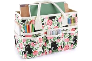 E-WEICHEN Craft Organizer Tote Bag Art Storage Caddy with Multiple Pockets Containers for Art,Craft,and Office Supplies Storage.Rose Cat