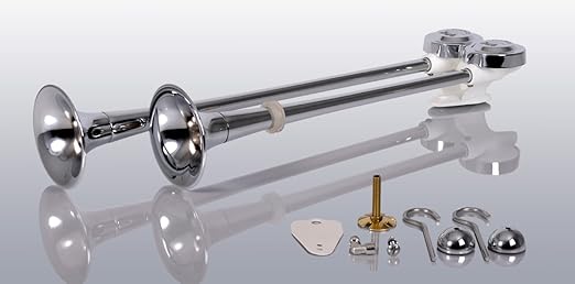 Marco LKW Druckluft Doppelhorn 54cm und 64cm lang (Trichter aus hochglanzverchromten Messing) für LKW Druckluftanlage mit ein