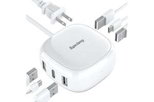 SUPERDANNY 6-Port USB Charger, 40W 8A Mini USB Charging Station, Charging Station for Multiple Devices, 4ft Cable, Compatible with iPhone, iPad, Galaxy, Pixel, for Travel, Cruise, White
