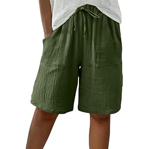 cxzeqwoke Linen Shorts for Women Summer Cotton Knee Length Drawstring Bermuda Shorts Ladies Long Beach Short with Pockets