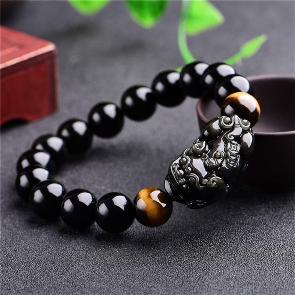 Feng Shui The Best 10mm Black Hand Carved Mantra Bead Bracelet with Obsidian Pi Xiu/Pi Yao Lucky Wealthy Amulet Brecelet with Tiger's Eye/Black Stone