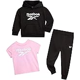 Reebok Toddler Girls Pants Set - 3 Piece Athletic Fleece Pullover Hoodie Sweatshirt, T-Shirt & Joggers Baby Girls Sweatsuit