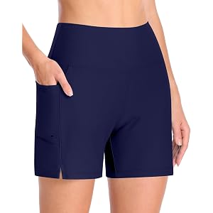Runhit Women's Swim Board Shorts High Waist Tummy Control 3"/5"/7"/9" Swimsuit Bottom with Liner Pockets Beach Bathing UPF50+