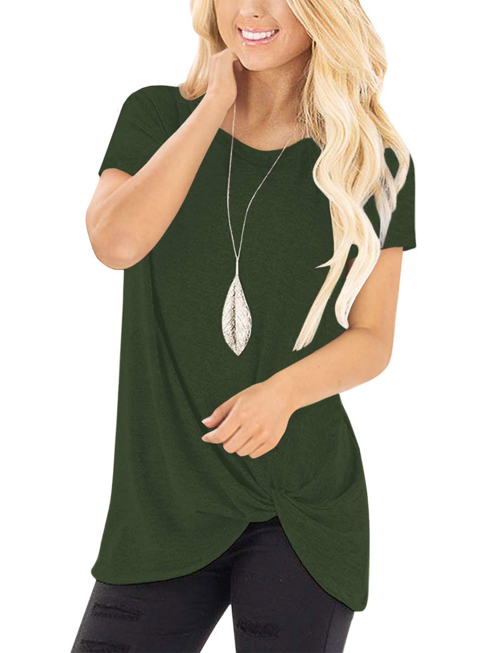 Women\'s Basic Short Sleeve Tops with Knot Front Shirts Blouses (XL, Green)